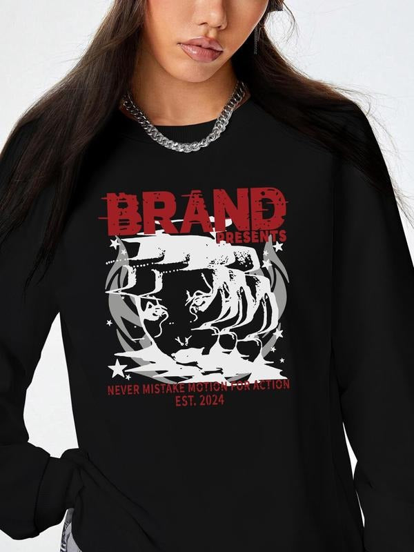 Women's Letter & Graphic Print Drop Shoulder Sweatshirt, Casual Long Sleeve Round Neck Pullover for Fall & Winter, Women's Clothes for Daily Wear