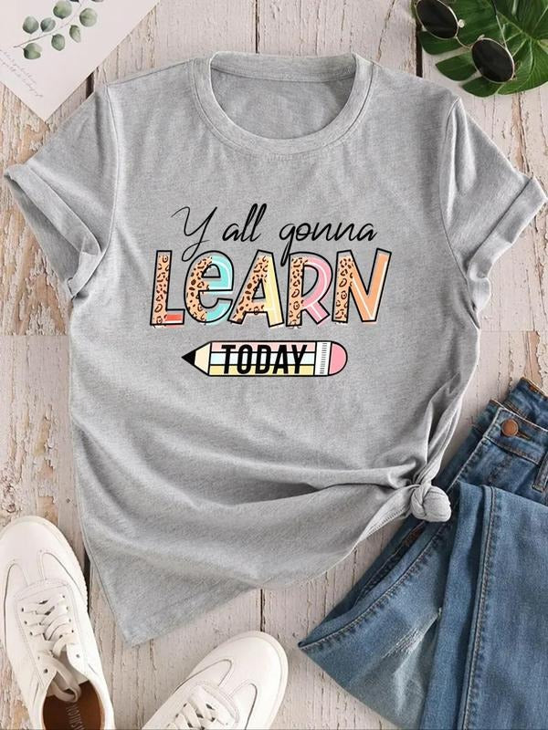 Women's Letter & Graphic Print Round Neck Tee, Fashion Casual Crew Neck T-Shirt for Daily Outdoor Wear, Ladies Clothes for All Seasons