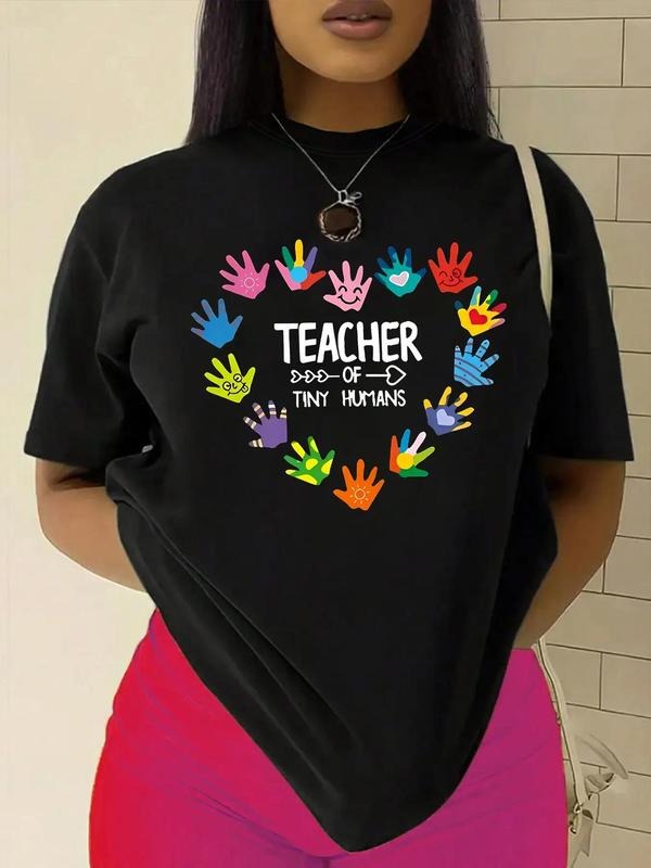 Women's Letter & Hand Print Round Neck Tee, Fashion Casual Short Sleeve T-Shirt for Daily Wear, Ladies Clothes for All Seasons