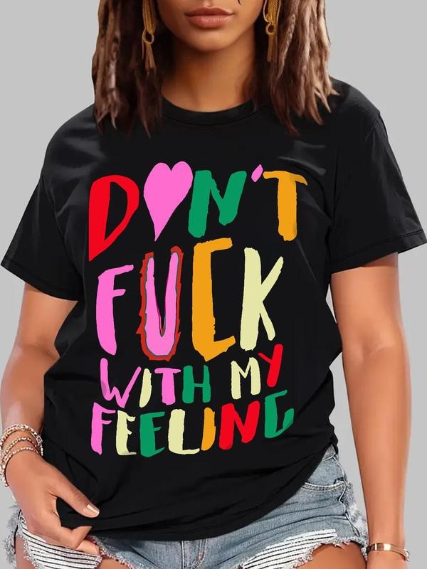 Women's Letter & Heart Graphic Print Round Neck Tee, Fashion Casual Short Sleeve T-Shirt for Summer, Women's Top for Daily Wear