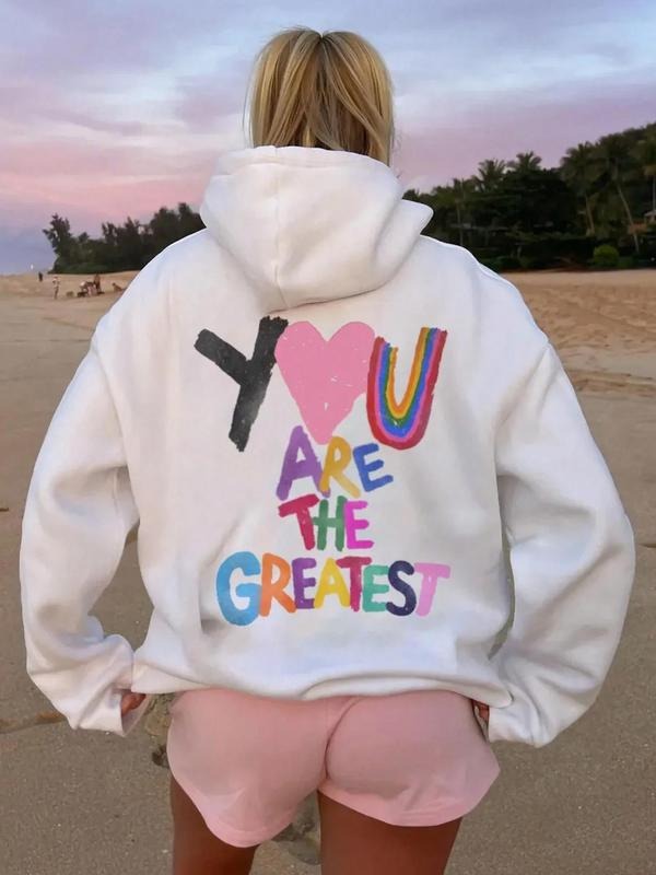 Women's Letter & Heart Print Drop Shoulder Thermal Lined Hoodie, Fashion Casual Drawstring Pocket Hooded Sweatshirt for Daily Holiday Outdoor Wear, Ladies Clothes for Fall & Winter