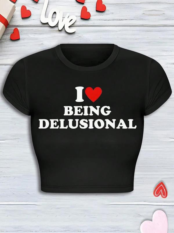 Women's Letter & Heart Print Round Neck Crop Tee, Fashion Casual Short Sleeve T-shirt for Daily Wear, Ladies Summer Clothes