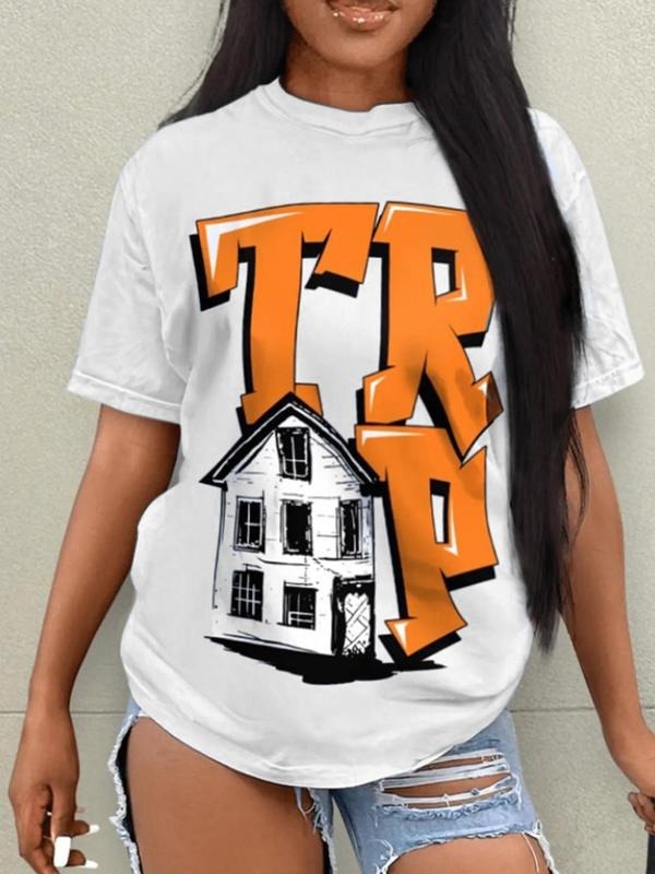 Women's Letter & House Print Round Neck Tee, Vintage Trendy Casual Short Sleeve T-shirt for Daily Wear, Ladies All Seasons Clothes