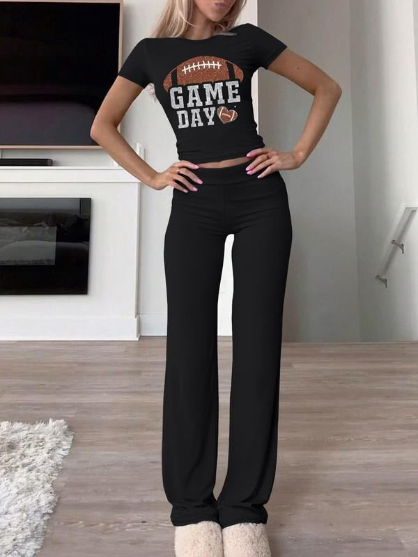 Women's Letter & Rugby Print Tee & Pants Two-piece Set, Casual Round Neck Short Sleeve T-shirt & Trousers for Daily Wear, Ladies Spring & Fall Clothes