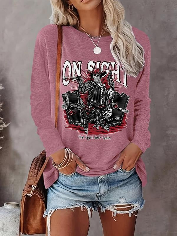 Women's Letter & Skeleton Print Round Neck Graphic Tee, Fashion Casual Crew Neck Long Sleeve T-shirt for Daily Holiday Outdoor Wear, Women Clothing for Spring & Fall