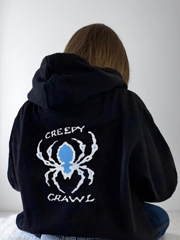 Women's Letter & Spider Print Drop Shoulder Hoodie, Spider Hoodie, Casual Drawstring Pocket Hooded Sweatshirt for Fall & Winter, Women's Clothes for Daily Wear, Comfort Long Sleeve Pullover Tops for Lady, Womenswear