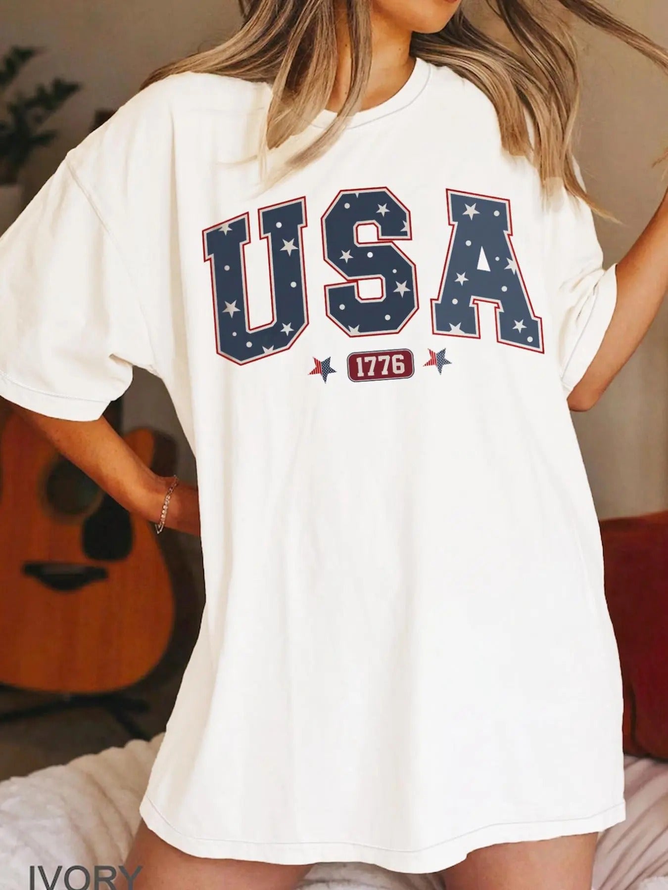 Women's Letter & Star Print Round Neck Tee, Casual Short Sleeve Crew Neck T-Shirt for Summer, Fashion Women's Top for Daily Wearstyle{n002}2