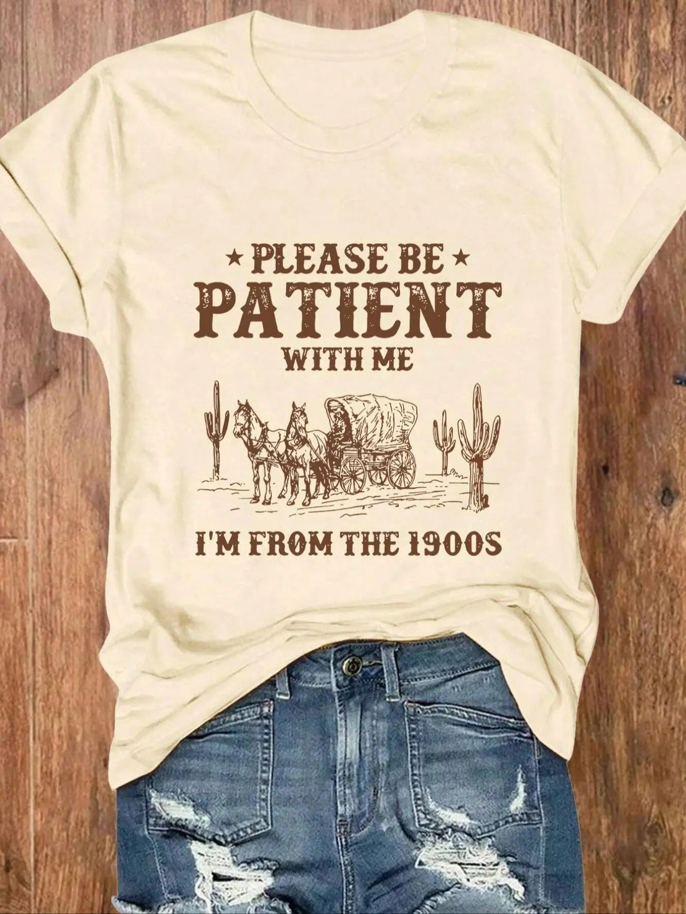Women's Letter & Wagon Print Round Neck Tee, Vintage Trendy Casual Short Sleeve T-Shirt for Daily Wear, Ladies Summer...