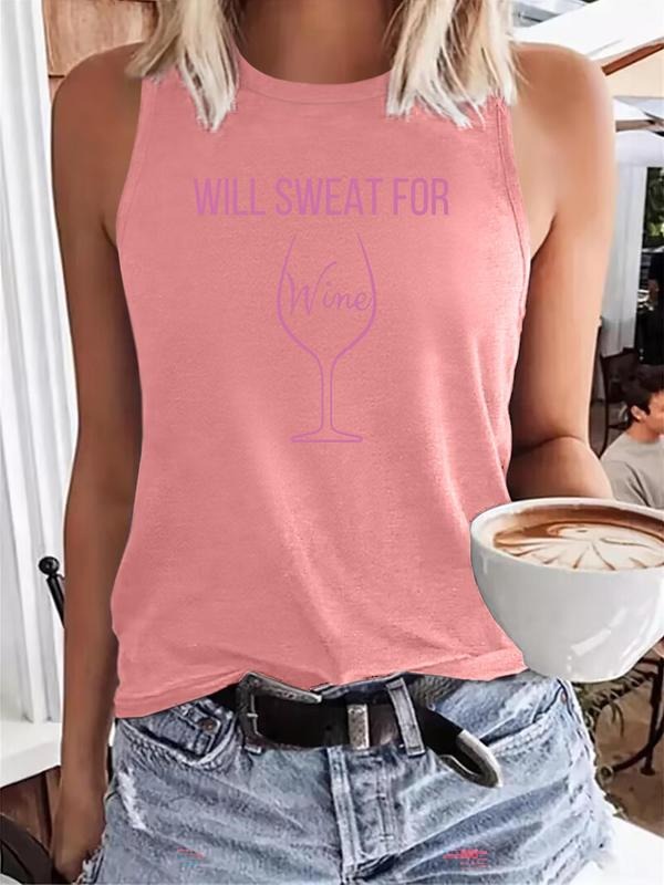 Women's Letter & Wine Glass Print Round Neck Tank Top, Casual Sleeveless Crew Neck Top for Summer, Ladies Clothes for Daily Wear, Socks