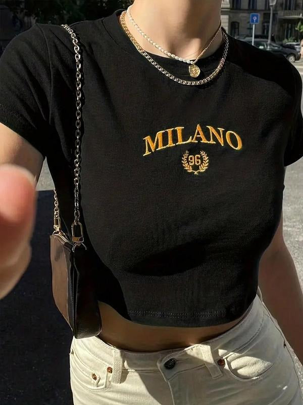 Women's Letter Embroidery Round Neck Graphic Crop Tee, Vintage Trendy Casual Short Sleeve T-shirt for Daily Wear, Ladies All Seasons Outfit