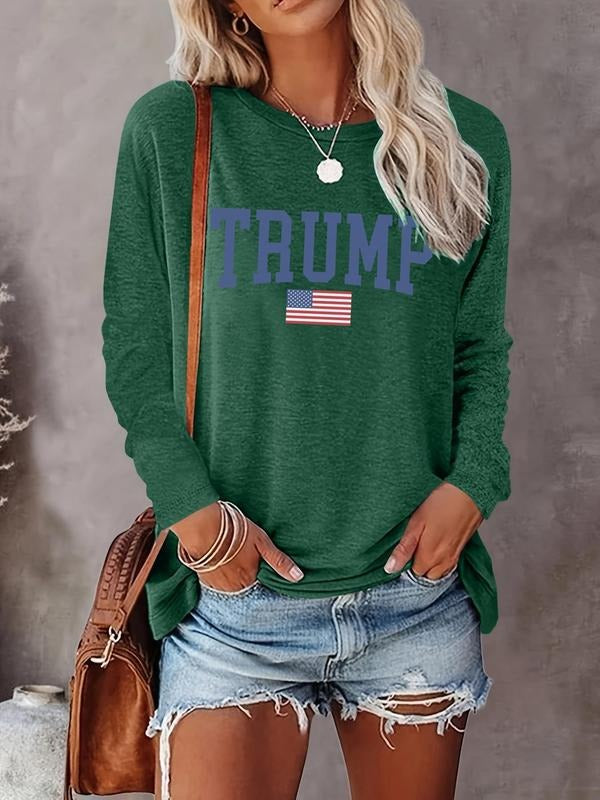 Women's Letter Flag Print Round Neck Tee, Fashion Casual Crew Neck Long Sleeve T-shirt for Daily Holiday Vacation Outdoor Wear, Ladies Clothes for All Seasons