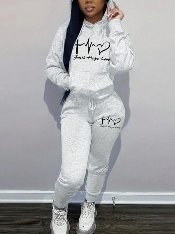 Women's Letter Heart Print Drop Shoulder Thermal Lined Sweatshirt & Drawstring Waist Sweatpants Two-piece Set, Casual...