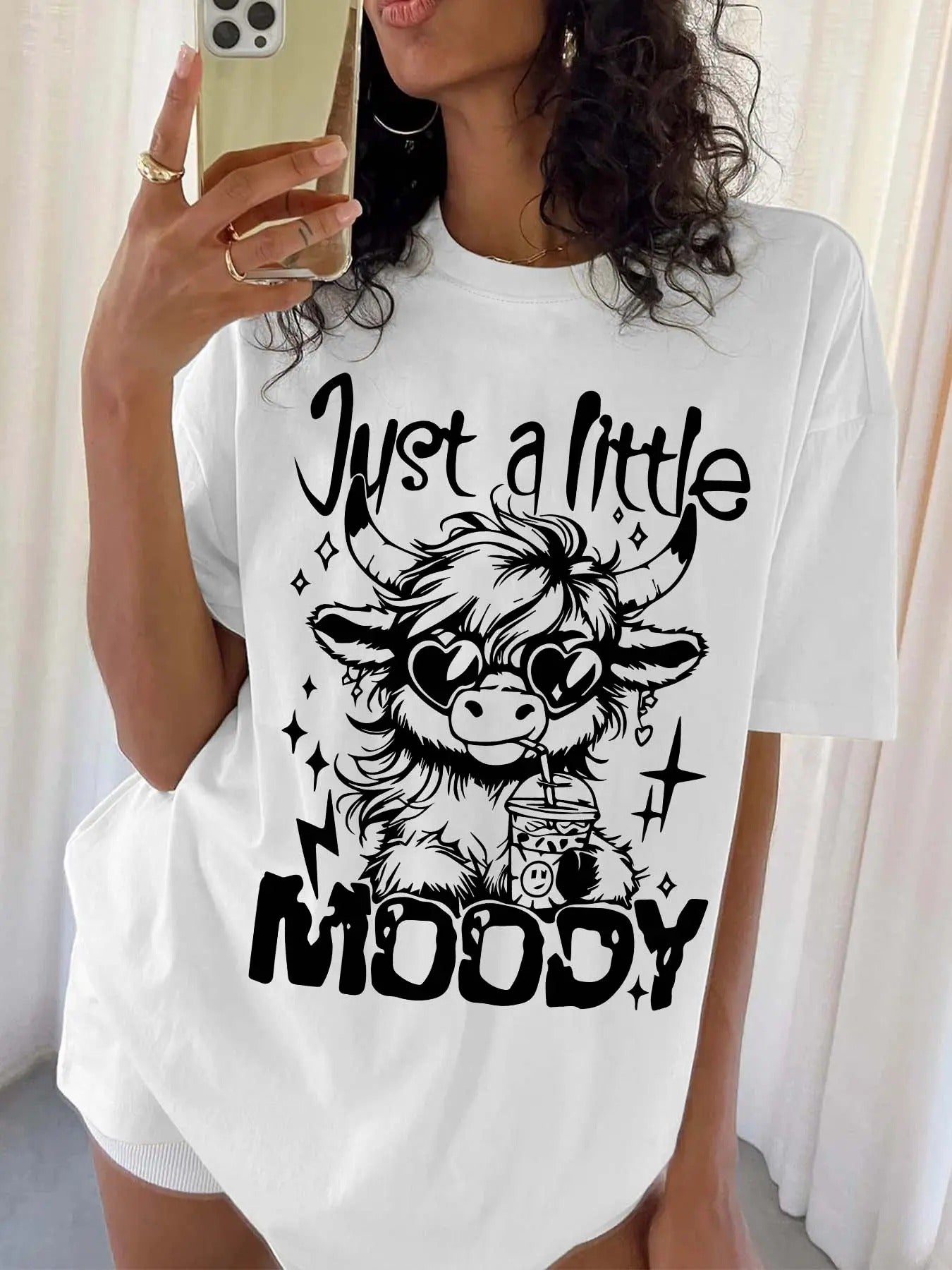Women's Letter Print T-shirt, Cute Cow Printed Graphic Tee, Casual Letter Print Round Neck Short Sleeve Top for Daily...