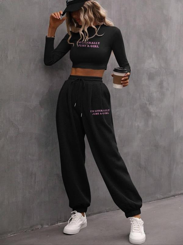 Women's Letter Print Crop Sweatshirt & Drawstring Waist Pocket Sweatpants Two-piece Set, Casual Fashion Cozy Round Neck Long Sleeve Pullover & Trousers for Daily Outdoor Wear, Ladies Summer Clothes