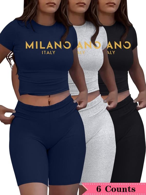 Women's Letter Print Crop Tee & Skinny Shorts Set, Casual Fashion Cozy Breathable Two-piece for Daily Outdoor Wear, Ladies Clothes for All Seasonsstyle{n002}3