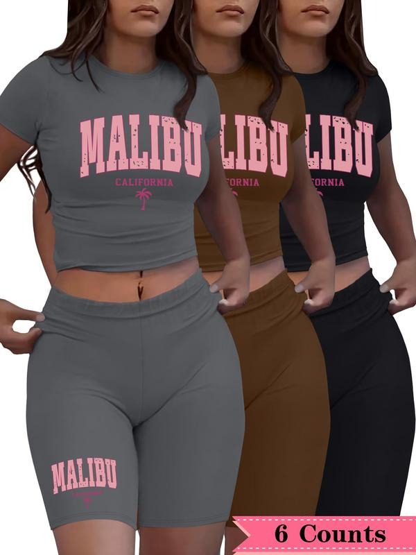 Women's Letter Print Crop Tee & Skinny Shorts Set, Casual Fashion Cozy Breathable Two-piece for Daily Outdoor Wear, Ladies Clothes for All Seasonsstyle{n002}4