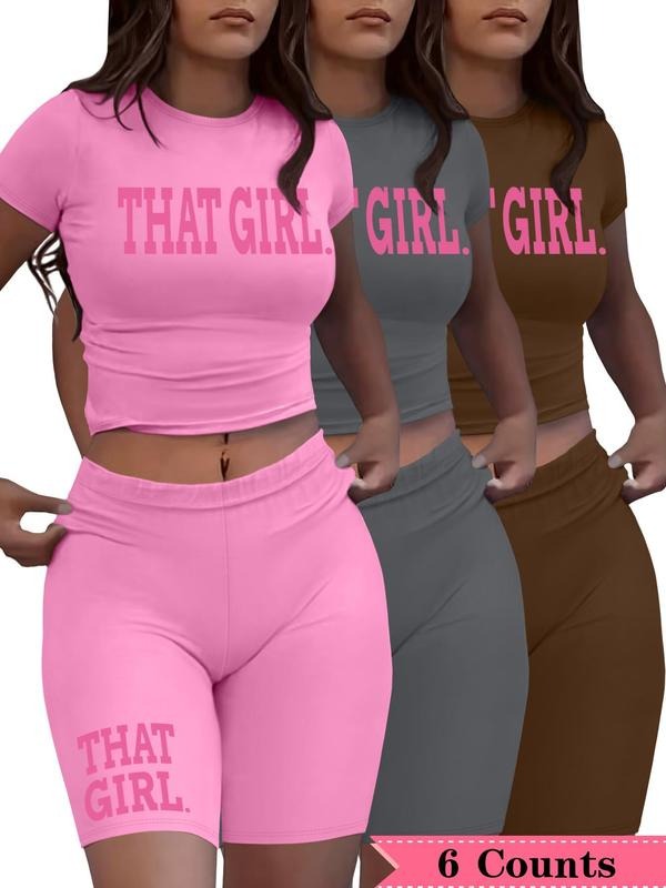 Women's Letter Print Crop Tee & Skinny Shorts Set, Casual Short Sleeve Round Neck T-shirt & Shorts, Ladies Two-piece for Daily Wear