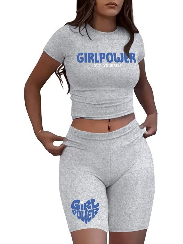 Women's Letter Print Crop Tee & Skinny Shorts Two-Piece Set, Casual Fashion Cozy Round Neck Short Sleeve T-Shirt & Shorts...