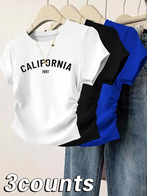 Women's Letter Print Crop Tee, Casual Short Sleeve Round Neck T-shirt for Daily Wear, Ladies Clothes for All Seasons, Top