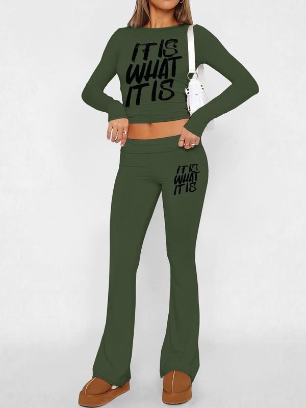 Women's Letter Print Crop Top & Flare Leg Pants Set, Casual Fashion Cozy Round Neck Long Sleeve Top & Bell Bottom Trousers for Daily Outdoor Wear, Women's Clothing for Fall