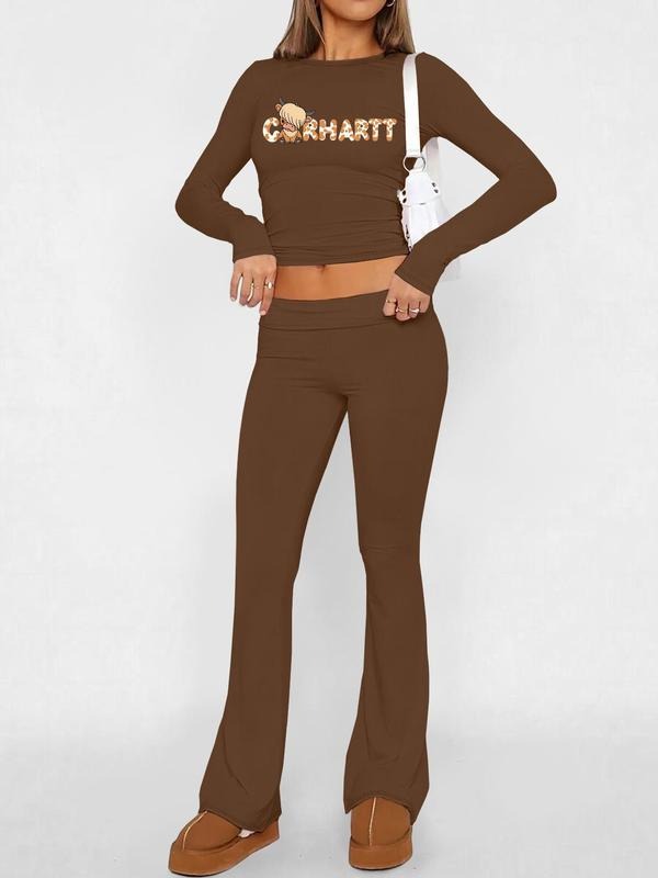 Women's Letter Print Crop Top & Flare Leg Pants Set, Casual Fashion Cozy Top & Bell Bottom Trousers for Daily Outdoor Wear, Women's Clothing for Fallstyle{n002}2