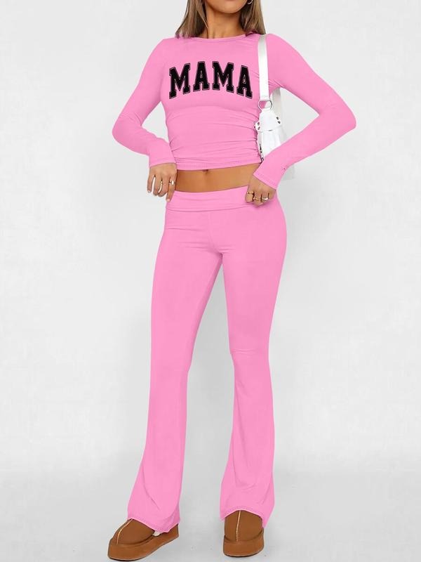 Women's Letter Print Crop Top & Flare Leg Pants Set, Casual Fashion Cozy Two-piece Outfits for Daily Outdoor Wear, Women Clothes for Fall