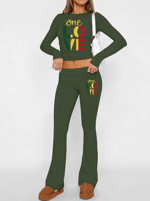 Women's Letter Print Crop Top & Flare Leg Pants Two-piece Set, Casual Fashion Cozy Round Neck Long Sleeve Top & Bell Bottom Trousers for Daily Outdoor Wear, Ladies Clothes for All Seasons