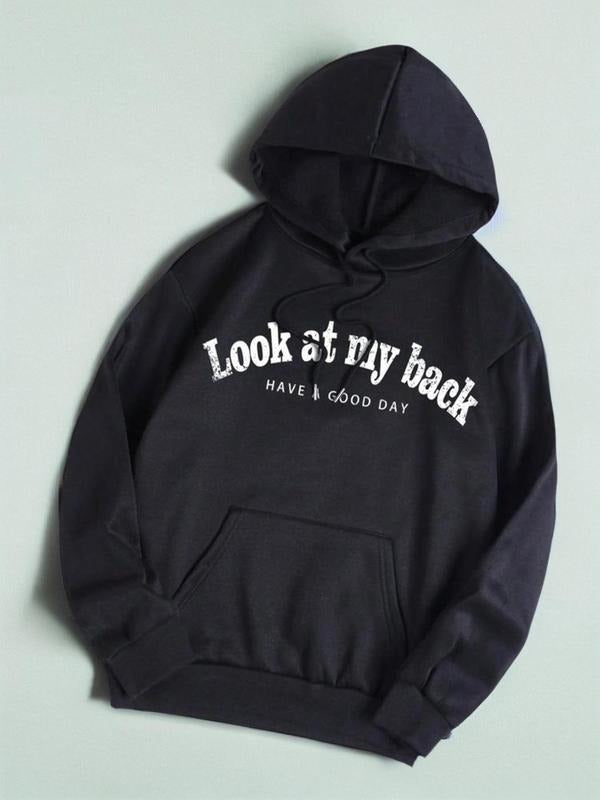 Women's Letter Print Drawstring Pocket Drop Shoulder Hoodie, Fashion Casual Hooded Long Sleeve Pullover for Daily Outdoor Wear