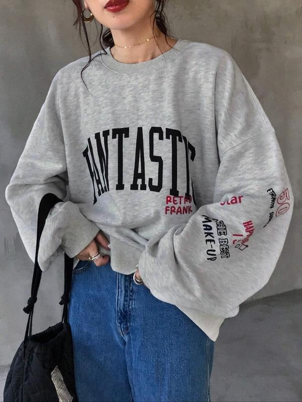 Women's Letter Print Drop Shoulder Thermal Lined Sweatshirt, Casual Long Sleeve Round Neck Pullover for Fall & Winter,...