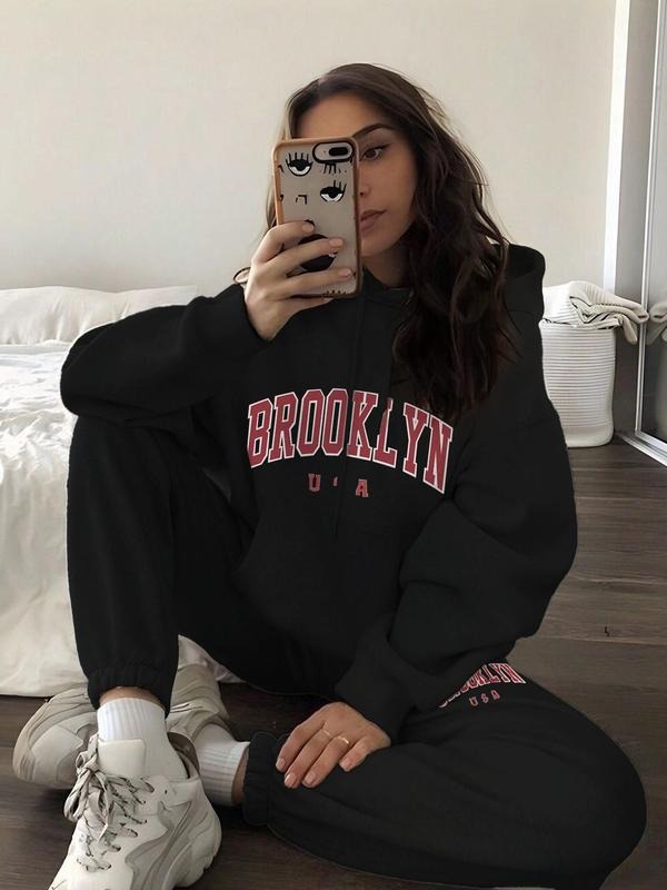 Women's Letter Print Drop Shoulder Sweatshirt & Drawstring Waist Pocket Sweatpants Two-piece Set, Casual Fashion Cozy Breathable Two Piece Outfits for Daily Outdoor Wear, Women Clothes for Fall & Winter