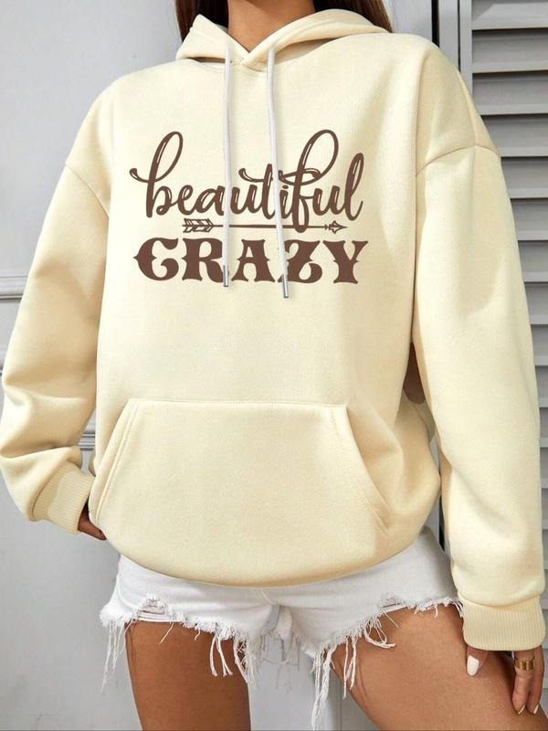 Women's Letter Print Drop Shoulder Thermal Lined Hoodie, Fashion Casual Drawstring Pocket Hooded Sweatshirt for Daily Holiday Outdoor Wear, Women Clothing for Fall & Winter