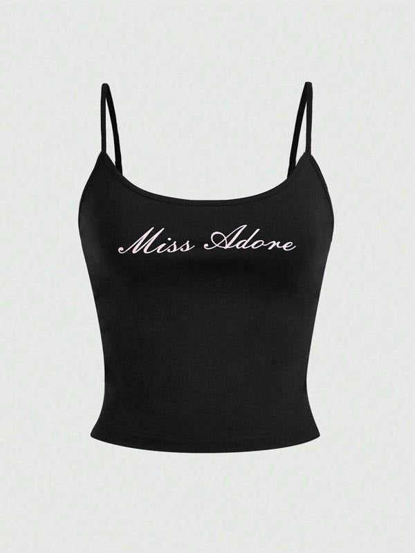 Women's Letter Print Off Shoulder Crop Tank Top, Casual Sleeveless Cropped Top for Summer, Ladies Clothes for Daily Wear