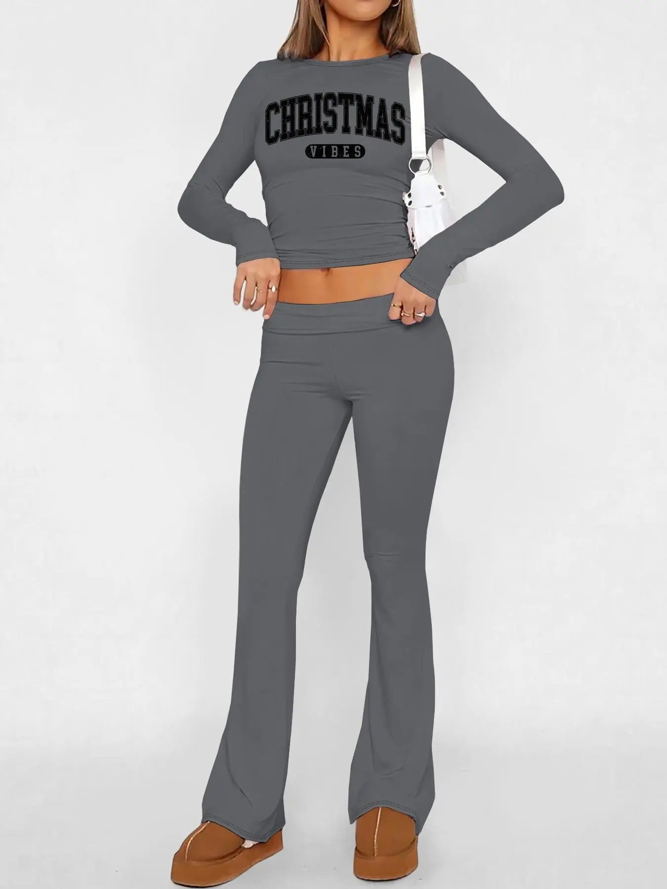 Women's Letter Print Round Neck Crop Tee & Flare Leg Pants Set, Casual Fashion Cozy Long Sleeve Top & Bell Bottom Trousers for Daily Outdoor Wear, Women's Clothing for Fallstyle{n002}7