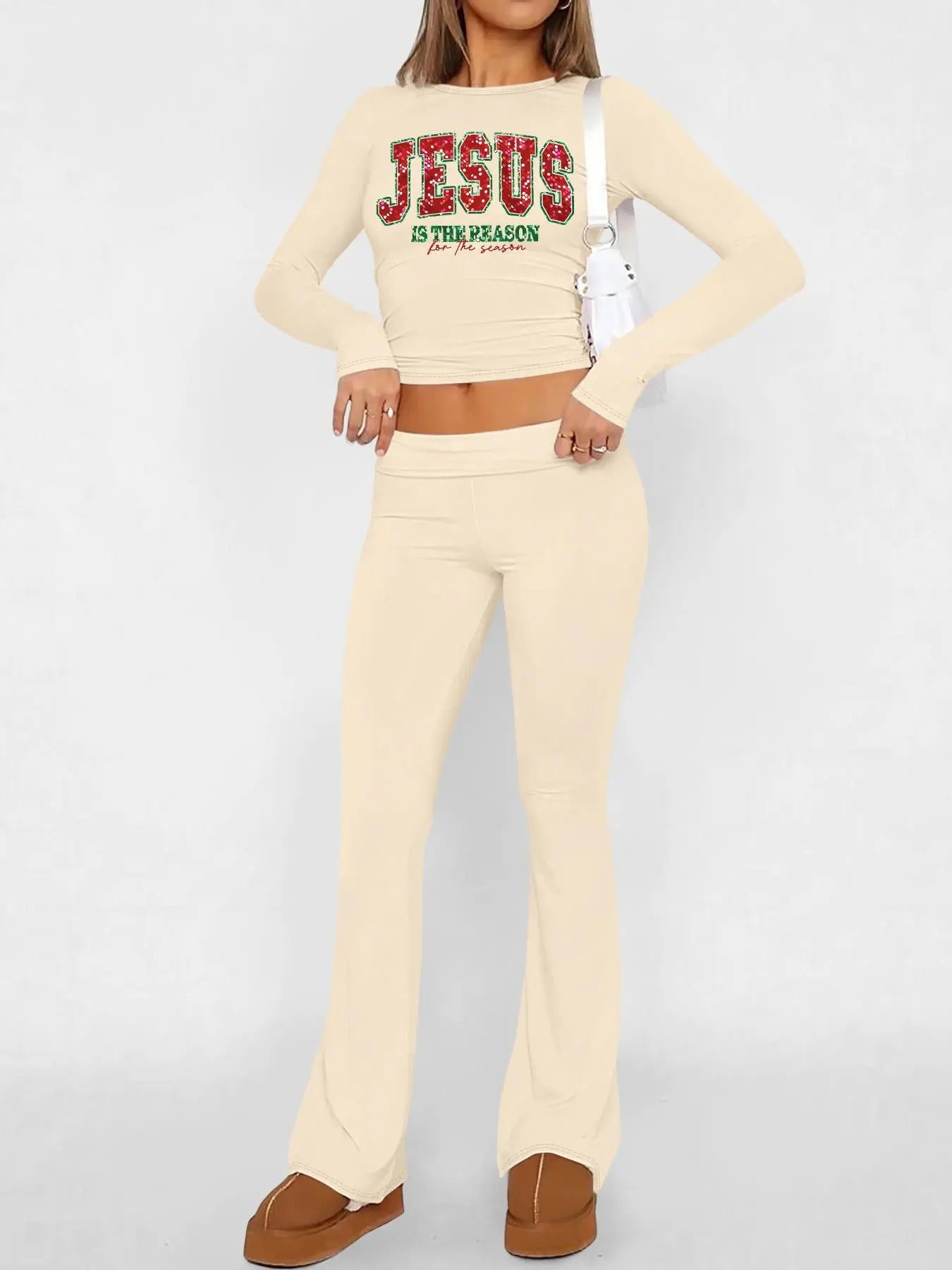 Women's Letter Print Round Neck Crop Tee & Flare Leg Pants Set, Casual Fashion Cozy Long Sleeve Top & Bell Bottom Trousers for Daily Outdoor Wear, Women's Clothing for Fallstyle{n002}6