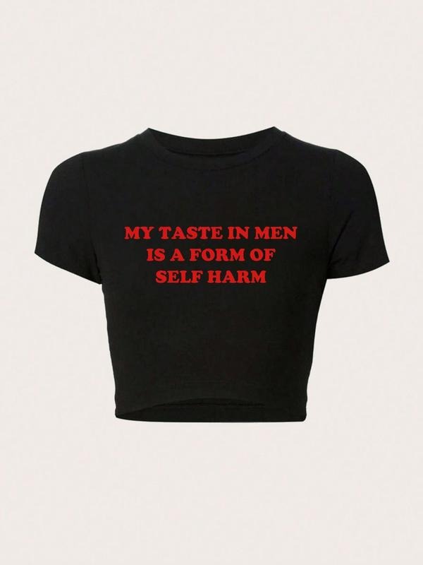 Women's Letter Print Round Neck Crop Tee, Casual Short Sleeve Crew Neck T-Shirt for Daily Wear, Streetwear Tops for Women, Ladies Clothes for All Seasonsstyle{n002}2