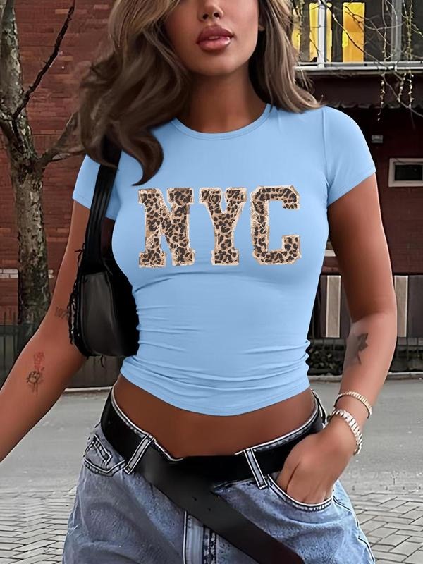 Women's Letter Print Round Neck Crop Tee, Casual Short Sleeve Crew Neck T-shirt for Daily Wear, Ladies Clothes for All Seasons, Topstyle{n002}10