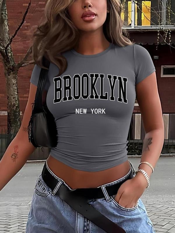 Women's Letter Print Round Neck Crop Tee, Casual Short Sleeve Crew Neck T-shirt for Daily Wear, Ladies Clothes for All Seasons, Topstyle{n002}14