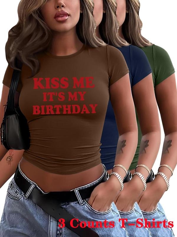 Women's Letter Print Round Neck Crop Tee, Casual Short Sleeve Crew Neck T-shirt for Daily Wear, Ladies Clothes for All Seasons, Topstyle{n002}5