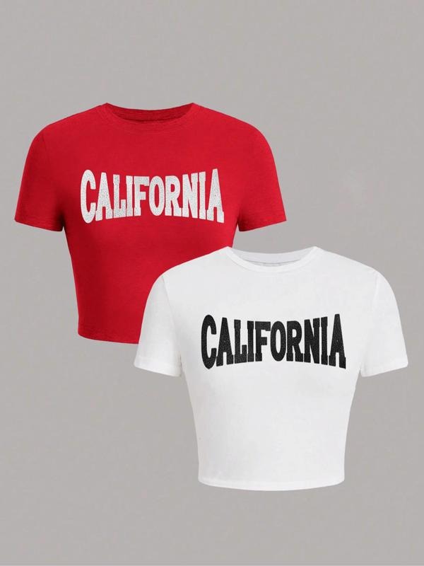 Women's Letter Print Round Neck Crop Tee, Casual Short Sleeve Crew Neck T-shirt for Daily Wear, Streetwear Top for All Seasons