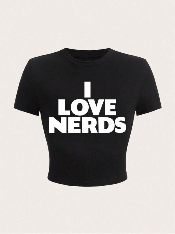 Women's Letter Print Round Neck Crop Tee, Fashion Casual Tight-fitting Short Sleeve T-shirt for Daily Wear, Ladies Summer Clothesstyle{n002}2