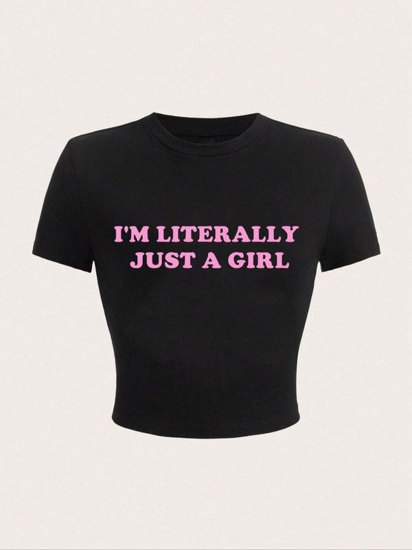 Women's Letter Print Round Neck Crop Tee, Fashion Casual Tight-fitting Short Sleeve T-shirt for Daily Wear, Ladies Summer Clothesstyle{n002}3