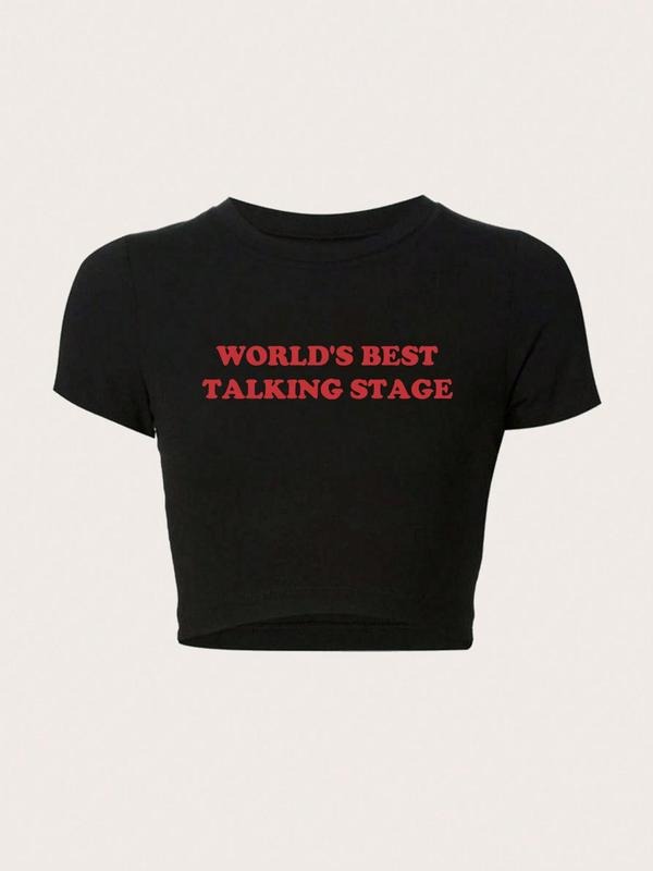 Women's Letter Print Round Neck Graphic Crop Tee, Vintage Trendy Casual Short Sleeve Skinny T-shirt For Daily Wear, Ladies Summer Outfit