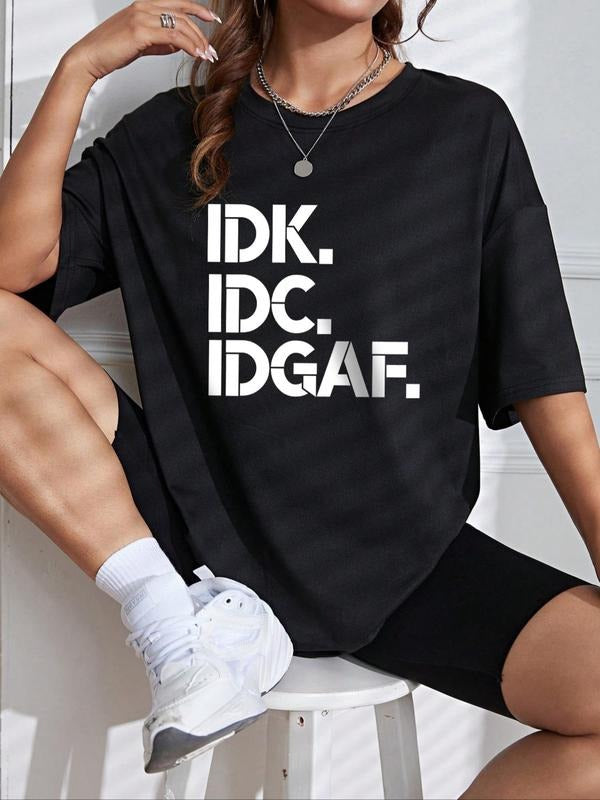 Women's Letter Print Round Neck Graphic Tee, Summer Clothes Women, Fashion Casual Drop Shoulder Half Sleeve T-Shirt for Daily Wear, Ladies Summer Outfit