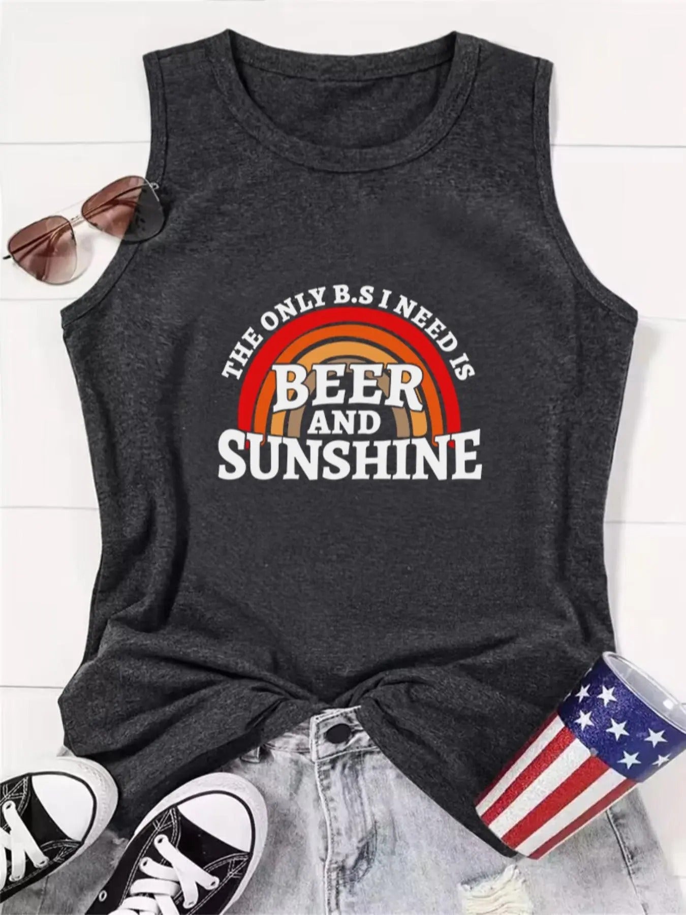 Women's Letter Print Round Neck Tank Top, Casual Sleeveless Crew Neck Top for Summer, Women's Top for Daily Wear...