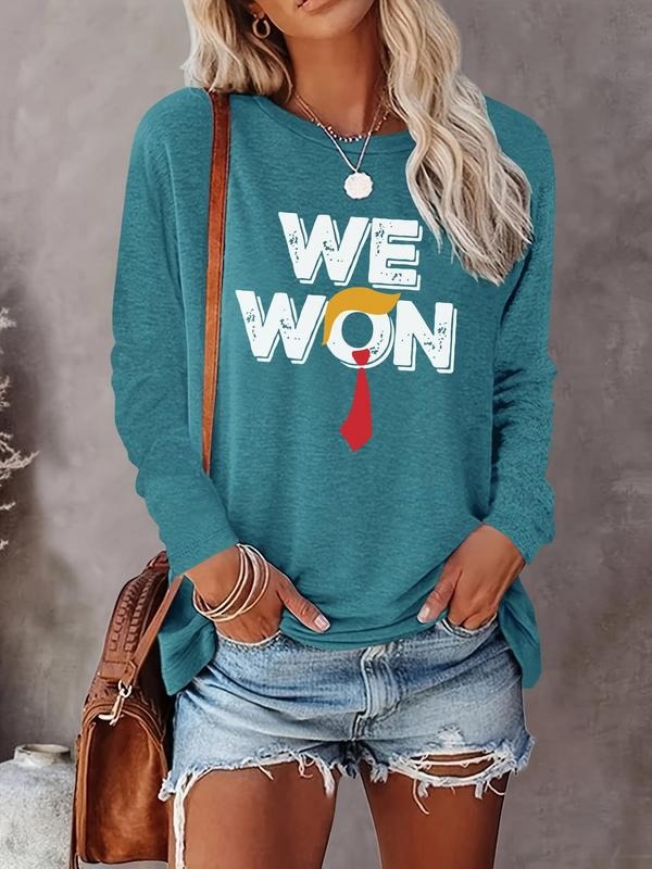 Women's Letter Print Round Neck Tee, Fashion Casual Crew Neck Long Sleeve T-shirt for Daily Holiday Vacation Outdoor Wear, Ladies Clothes for All Seasons