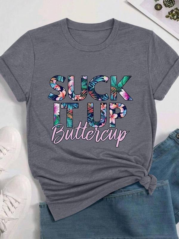 Women's Letter Print Round Neck Tee, Fashion Casual Crew Neck Short Sleeve T-shirt for Daily Holiday Vacation Outdoor Wear, Ladies Clothes for All Seasonsstyle{n002}2