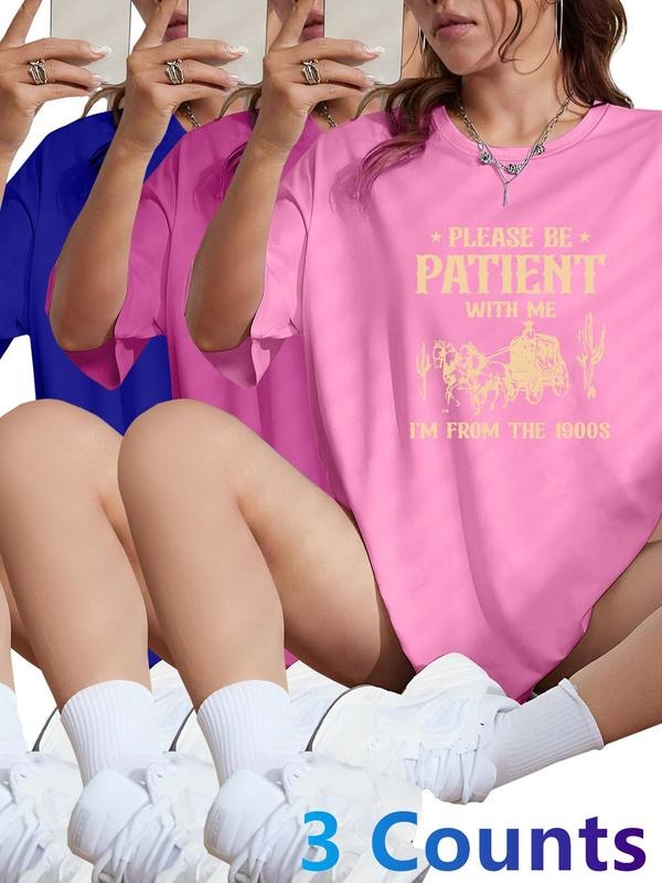 Women's Letter Print Round Neck Tee, Fashion Casual Crew Neck T-shirt for Daily Holiday Vacation Outdoor Wear, Ladies Clothes for All Seasons, Topstyle{n002}2