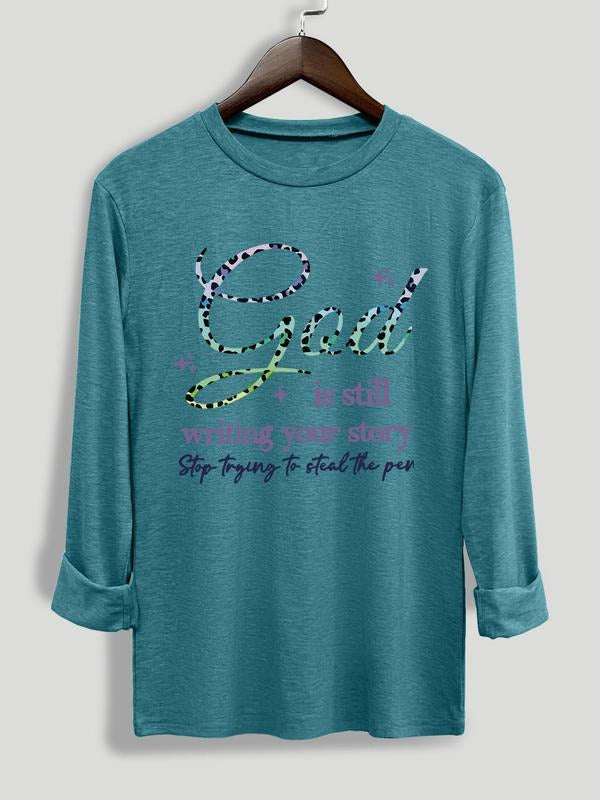 Women's Letter Print Round Neck Tee, Fashion Casual Long Sleeve T-shirt for Daily Outdoor Wear, Women's Top for Spring Fall