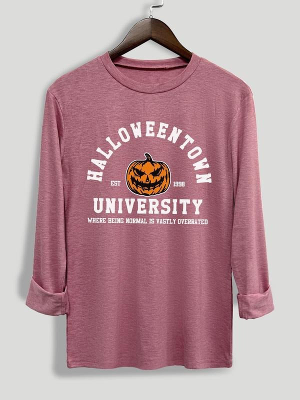 Women's Letter Print Round Neck Tee, Halloween Themed Fashion Casual Crew Neck Long Sleeve T-shirt for Daily Holiday Vacation Outdoor Wear, Ladies Clothes for Summer