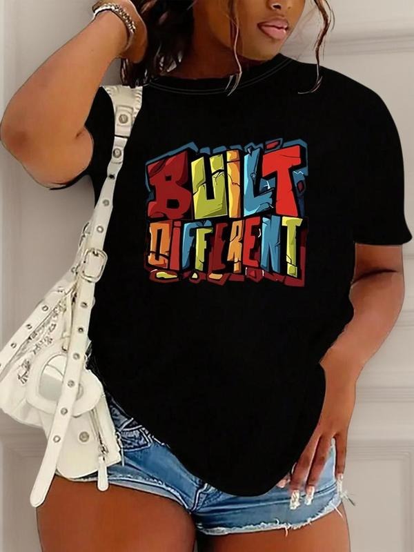 Women's Letter Print Round Neck Tee, Trendy Casual Short Sleeve Crew Neck T-shirt for Daily Wear, Ladies All Seasons Outfitstyle{n002}2